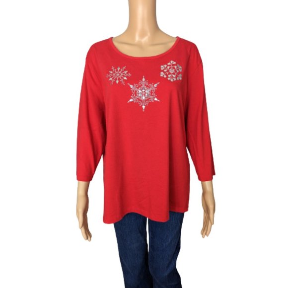 Coral Bay Red and Silver Snowflake Embellished 3/4 Length Sleeve Top 1X - Picture 1 of 9